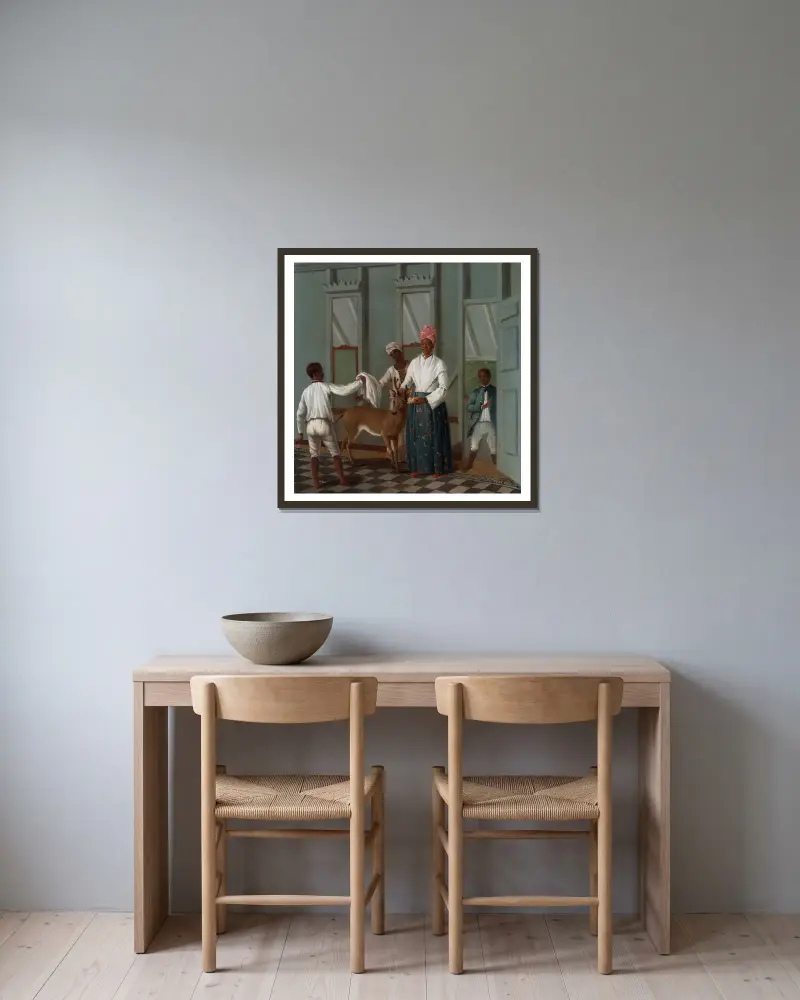 Diener, die einen Hirsch waschen von Agostino Brunias gerahmt an einer Wand