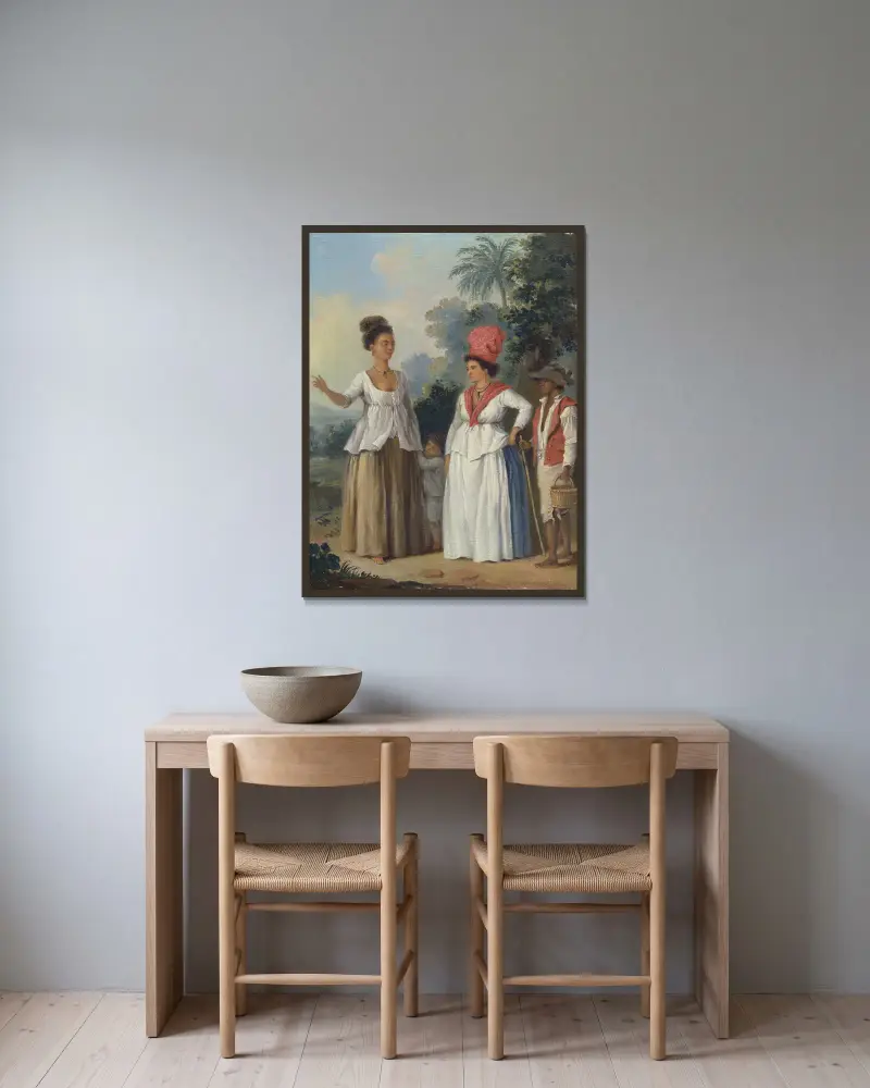 Västindiska färgade kvinnor med barn och svart tjänare av Agostino Brunias inramad på en vägg