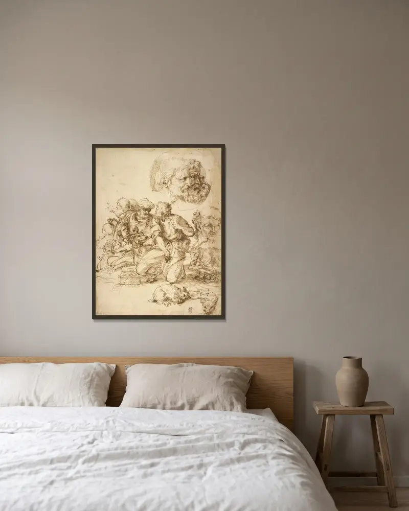 En grupp herdar och andra studier av Agostino Carracci inramad på en vägg