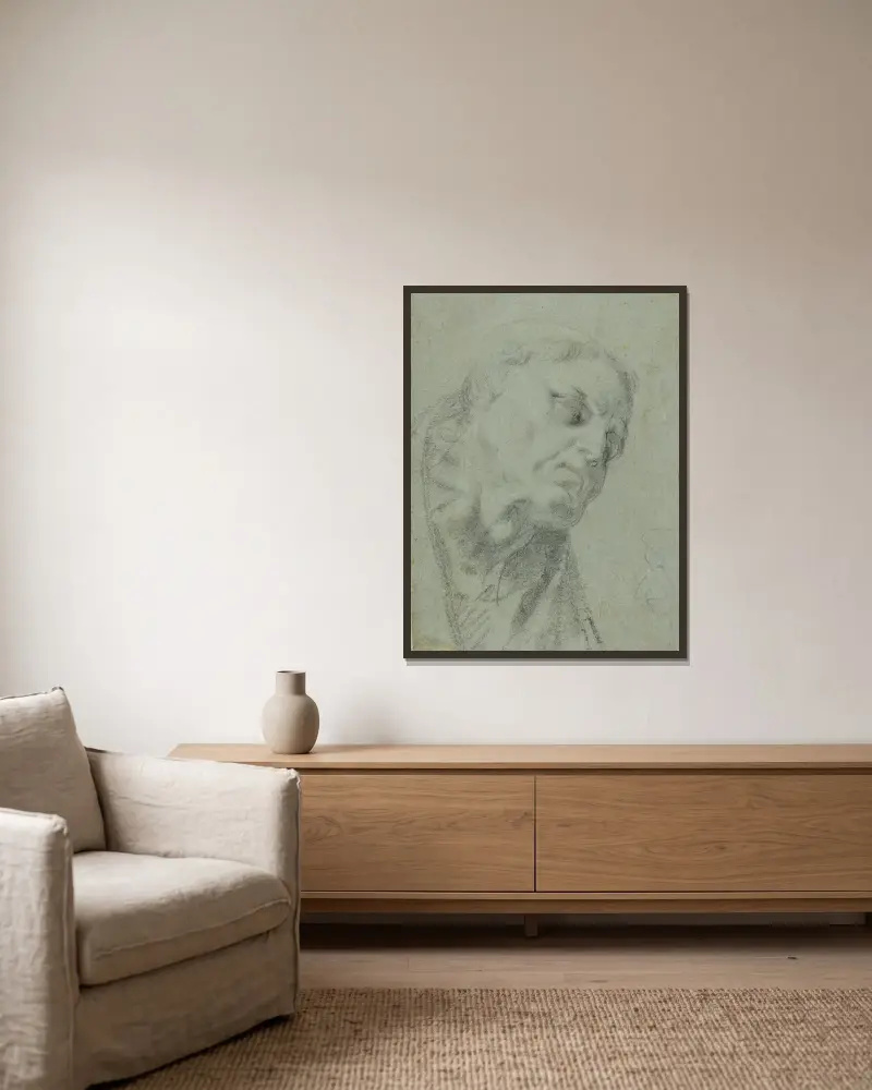 Huvud av en munk; karikatyr av en man i profil av Agostino Carracci inramad på en vägg