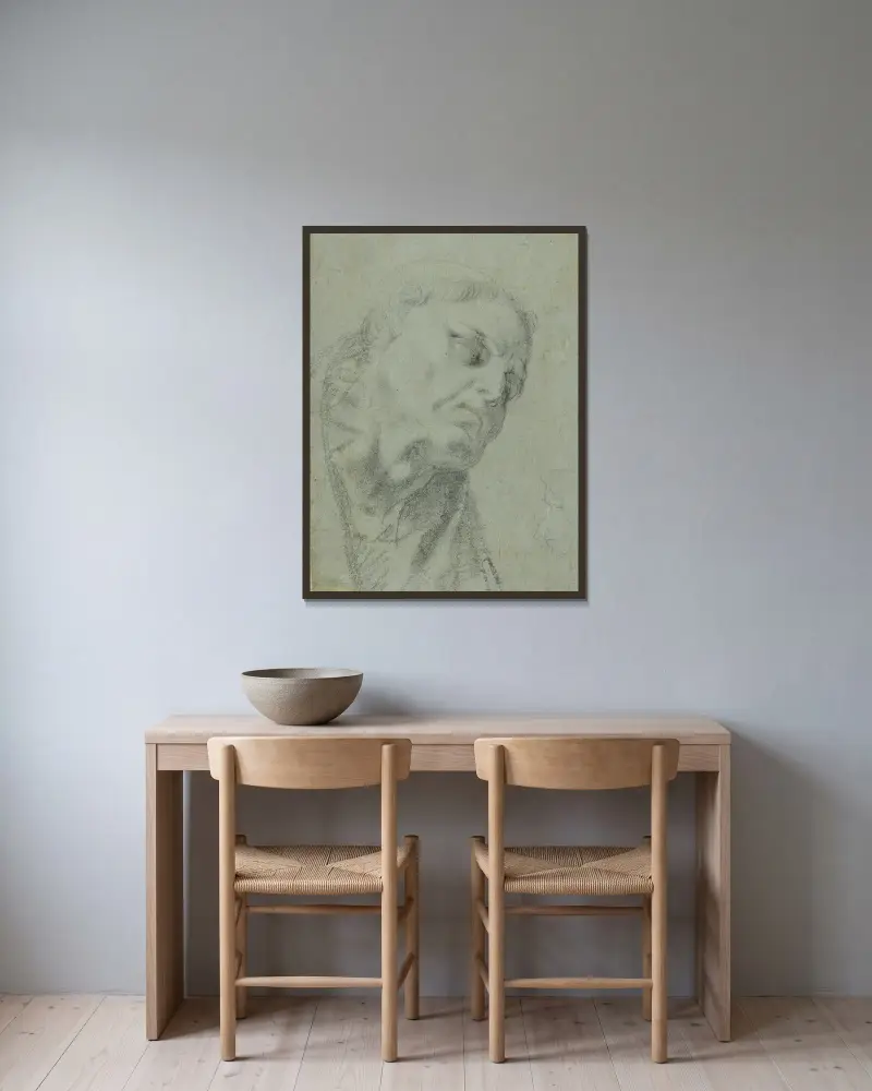 Huvud av en munk; karikatyr av en man i profil av Agostino Carracci inramad på en vägg