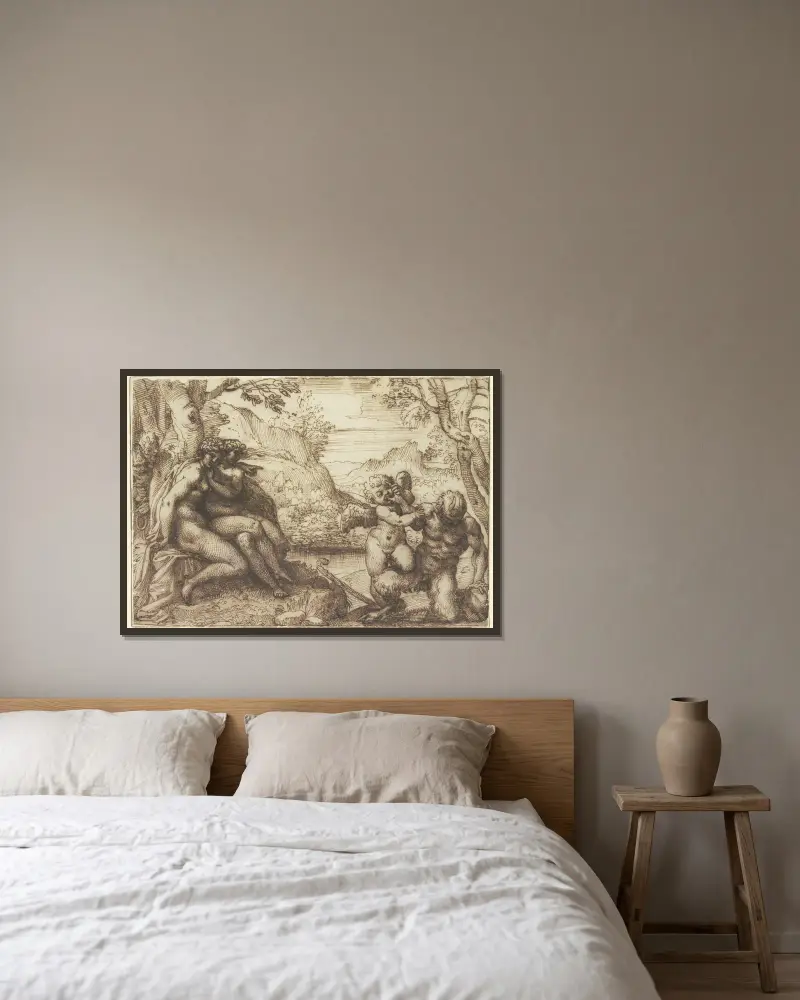 Omnia vincit Amor av Agostino Carracci inramad på en vägg
