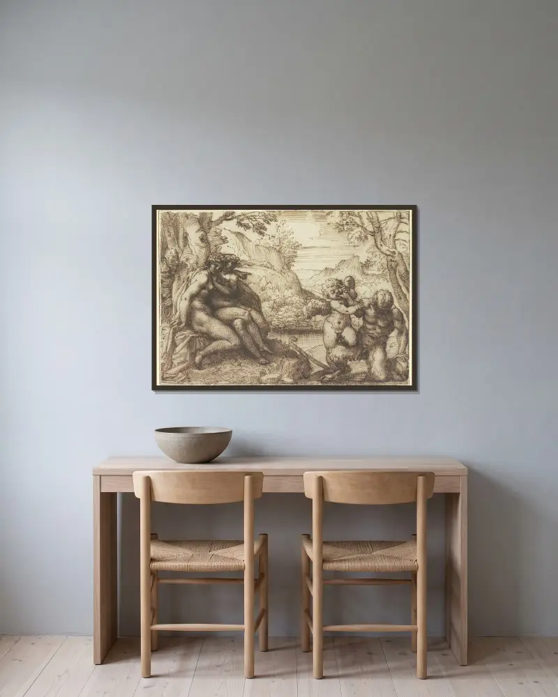 Omnia vincit Amor av Agostino Carracci inramad på en vägg