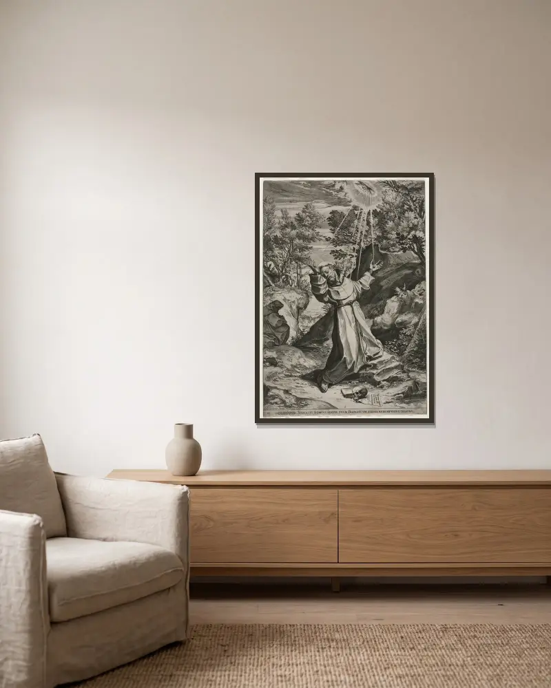 Der heilige Franziskus empfängt die Stigmata von Agostino Carracci gerahmt an einer Wand