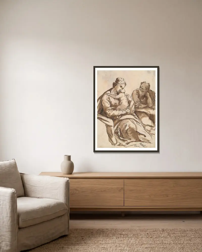 Die Heilige Familie (Vorderseite); Beinstudie (Rückseite) von Agostino Carracci gerahmt an einer Wand