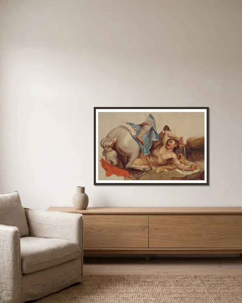 Studie eines Pferdes und eines gefallenen Reiters nach Le Brun von Paul-Jacques-Aimé Baudry gerahmt an einer Wand