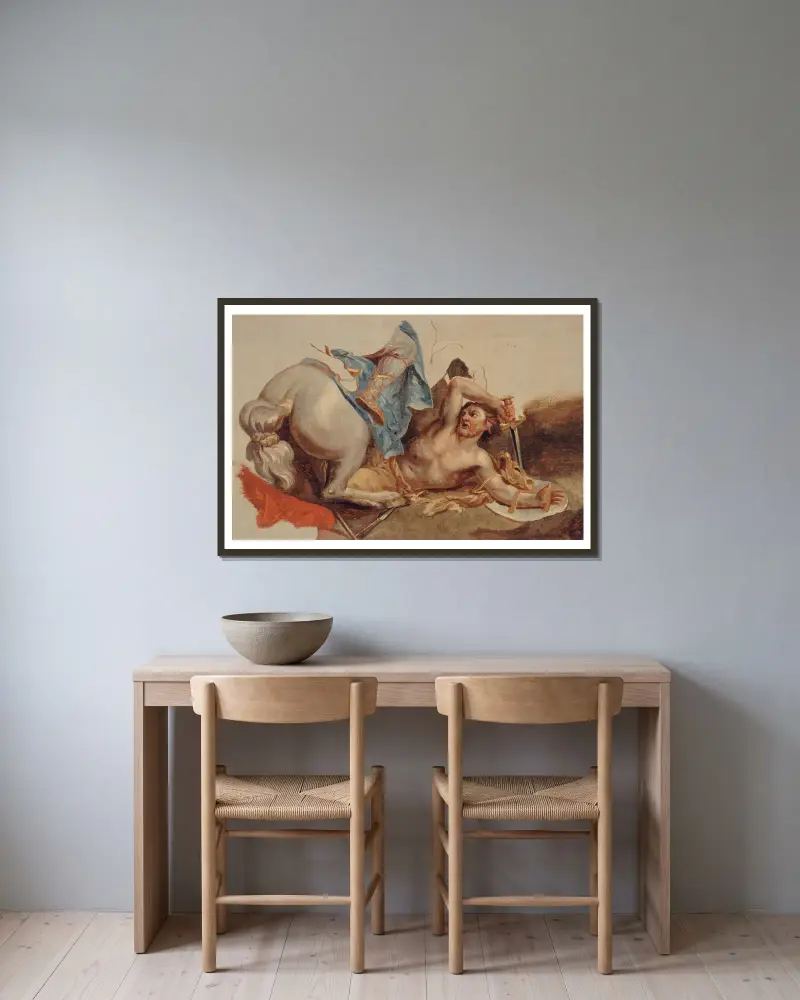 Studie eines Pferdes und eines gefallenen Reiters nach Le Brun von Paul-Jacques-Aimé Baudry gerahmt an einer Wand