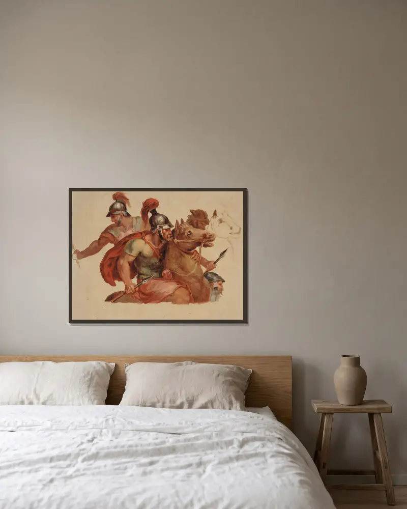 Studier av antika ryttare, efter Charles Le Brun av Paul-Jacques-Aimé Baudry inramad på en vägg