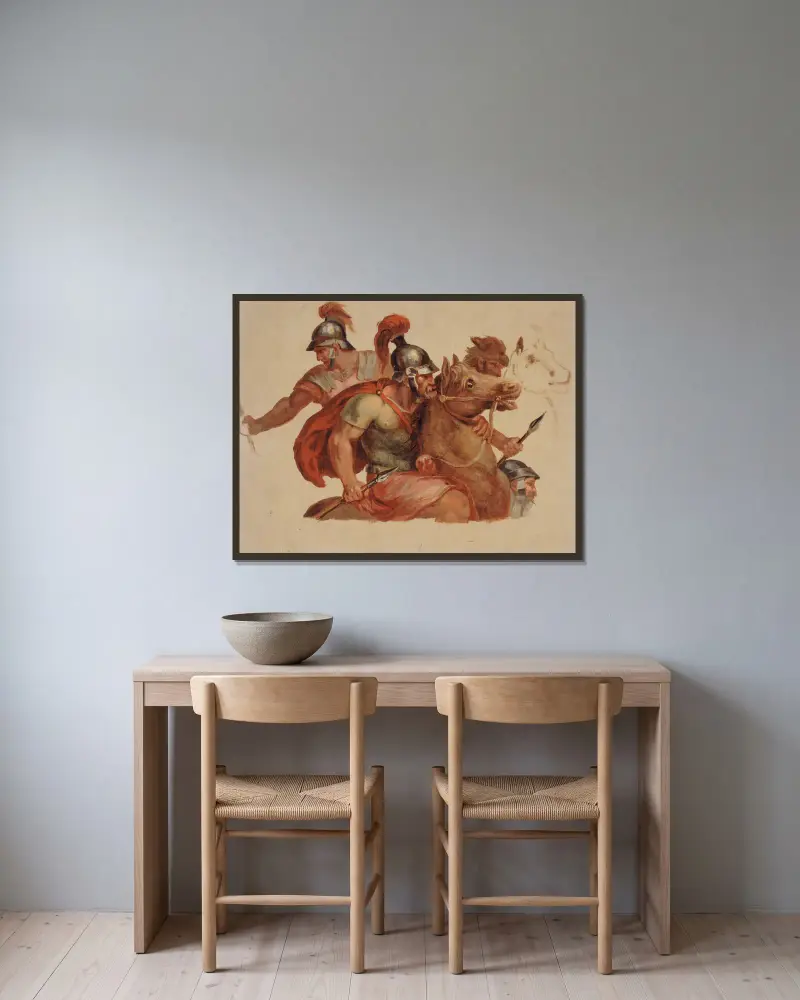Studier av antika ryttare, efter Charles Le Brun av Paul-Jacques-Aimé Baudry inramad på en vägg