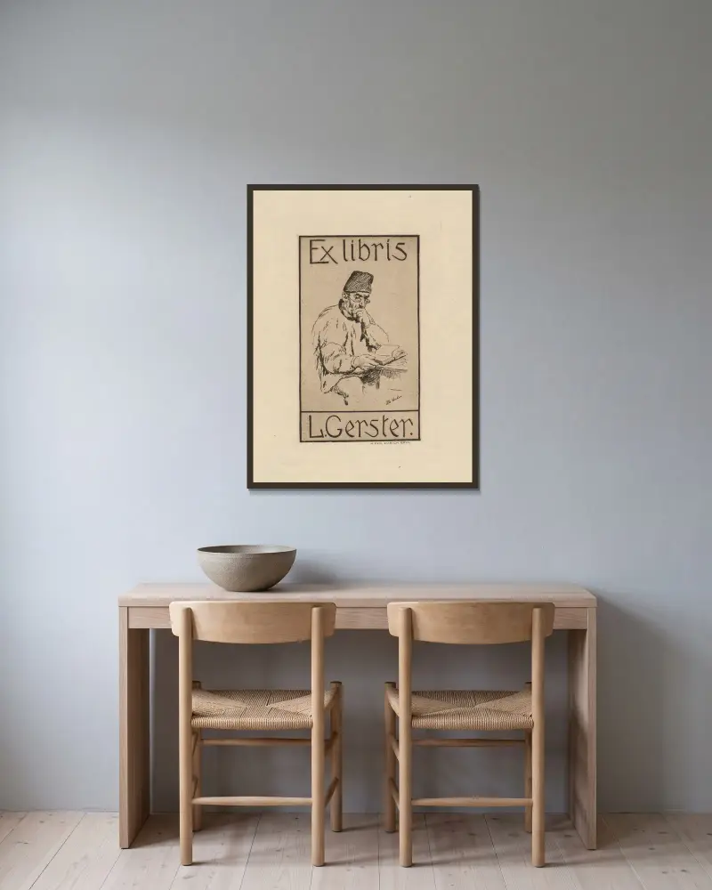 Exlibris för L. Gerster av Albert Anker inramad på en vägg