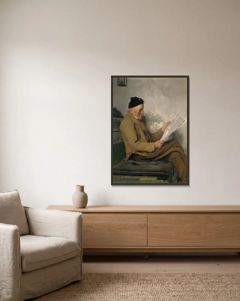 Bauer, auf der Ofenbank lesend von Albert Anker gerahmt an einer Wand