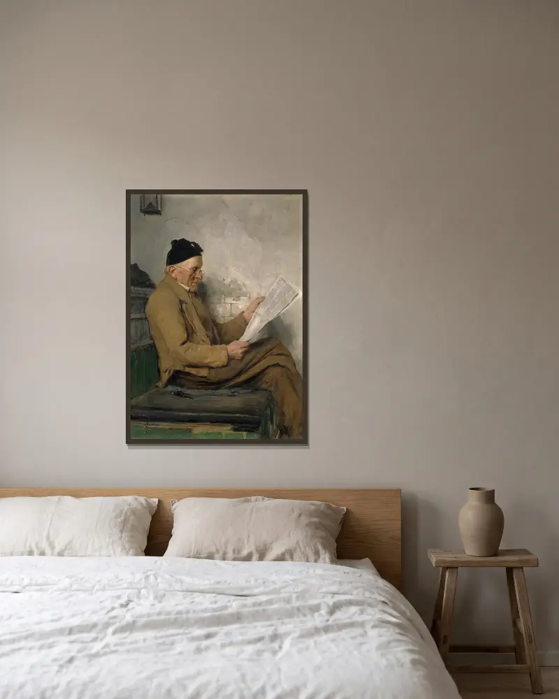 Bauer, auf der Ofenbank lesend von Albert Anker gerahmt an einer Wand