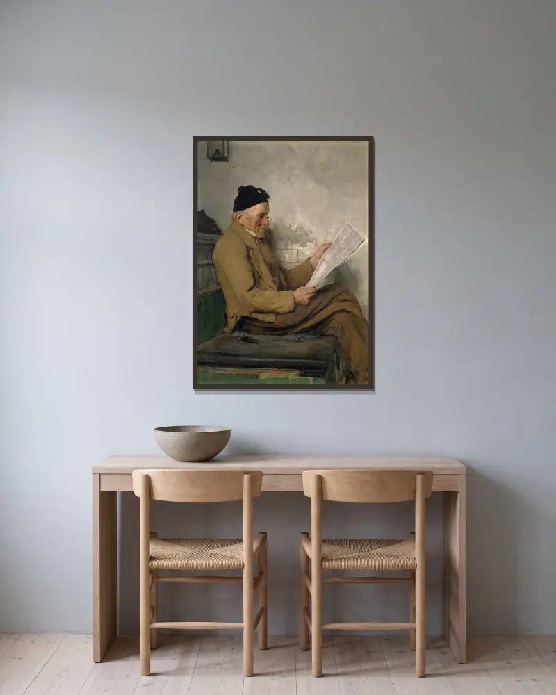 Bauer, auf der Ofenbank lesend von Albert Anker gerahmt an einer Wand