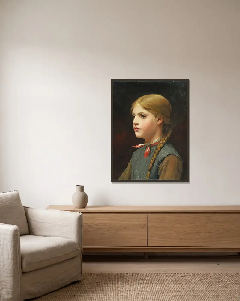 Porträtt av en flicka av Albert Anker inramad på en vägg