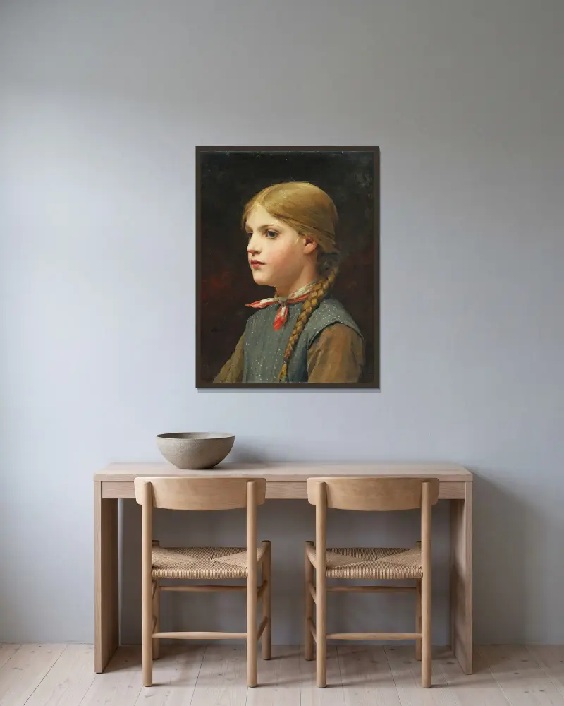 Porträtt av en flicka av Albert Anker inramad på en vägg