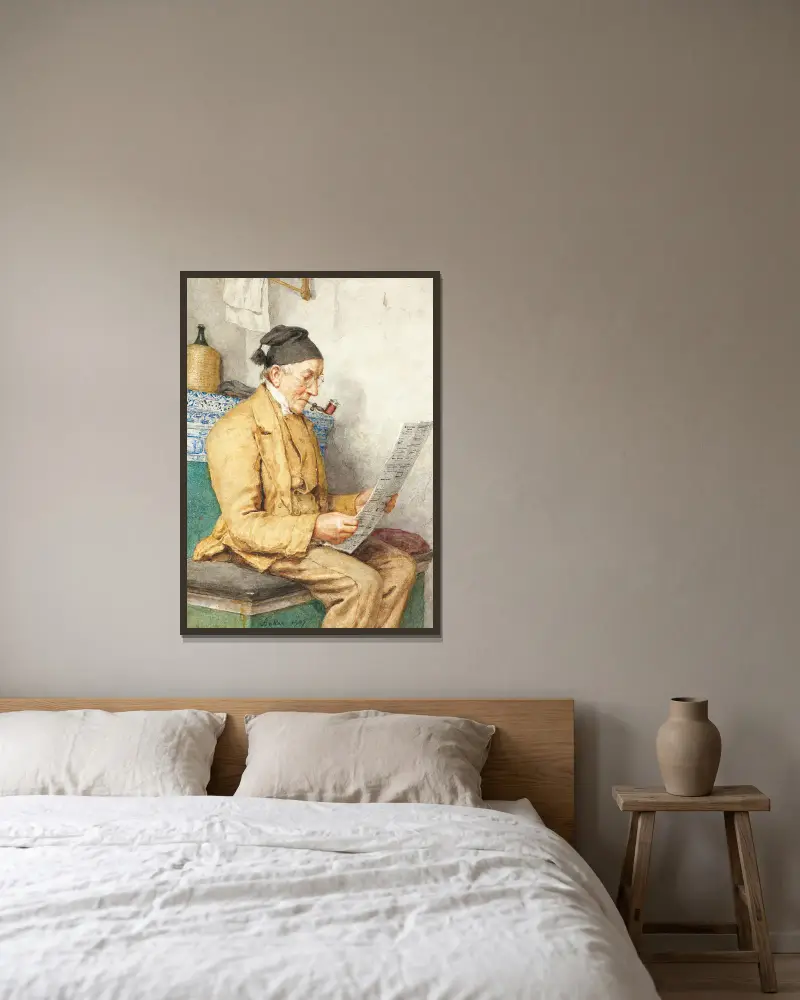 Reading Farmer Sitting By The Tiled Stove av Albert Anker inramad på en vägg