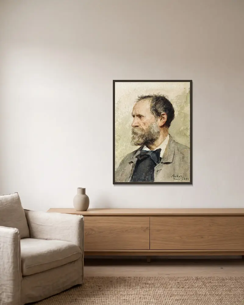 Self-portrait in profile, left av Albert Anker inramad på en vägg