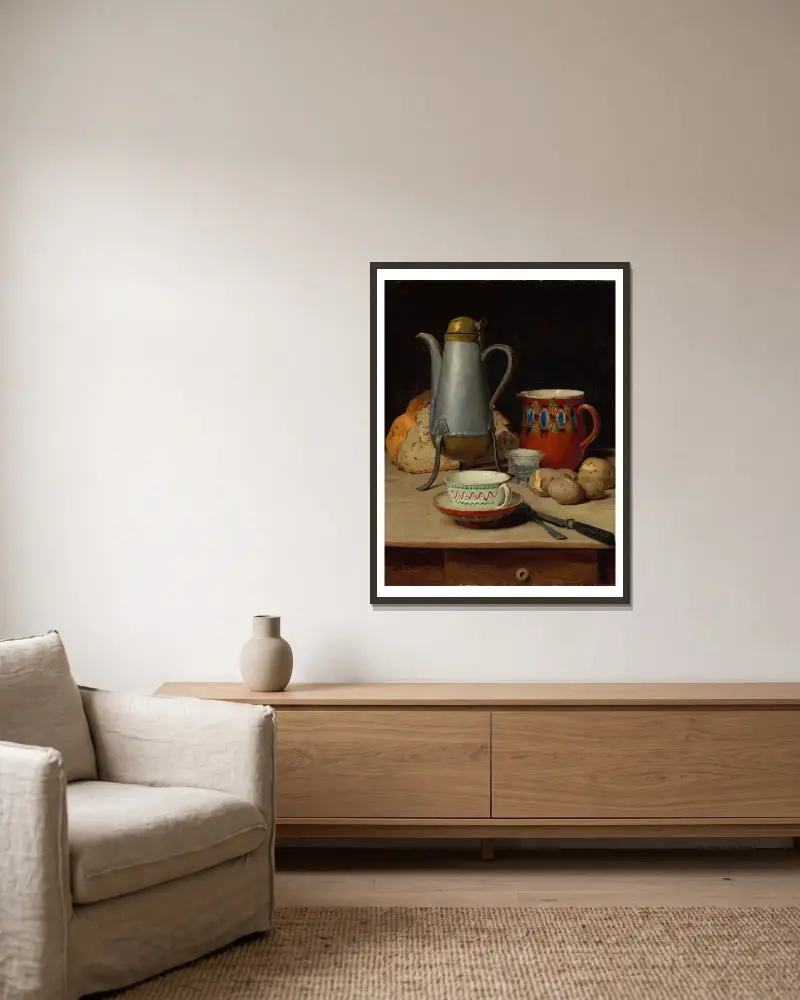 Stillleben mit Kaffee und Kartoffeln von Albert Anker gerahmt an einer Wand