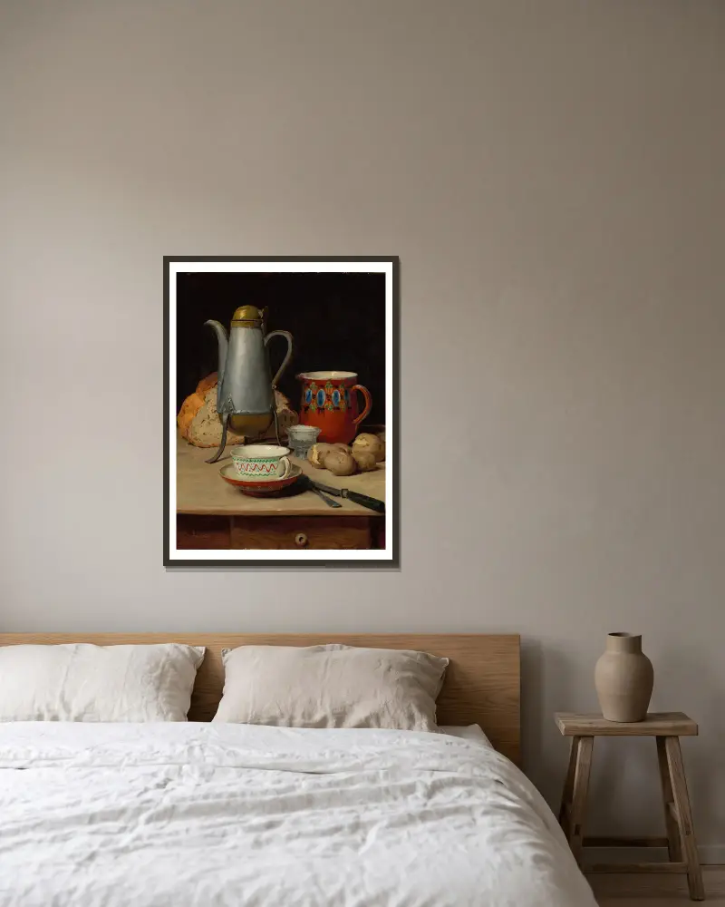 Stillleben mit Kaffee und Kartoffeln von Albert Anker gerahmt an einer Wand