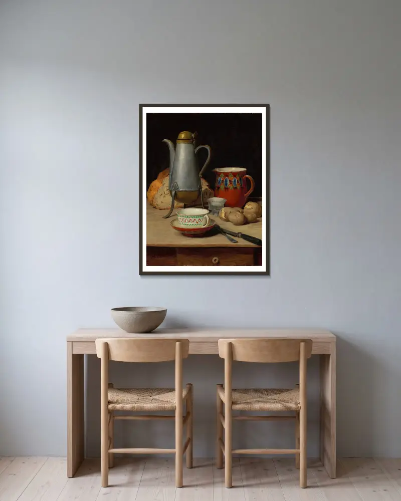 Stillleben mit Kaffee und Kartoffeln von Albert Anker gerahmt an einer Wand