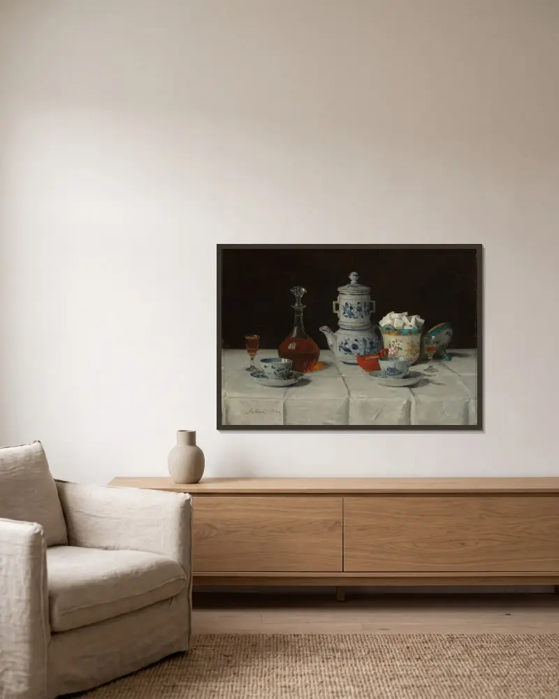 Stilleben med kaffedukning och konjaksflaska av Albert Anker inramad på en vägg