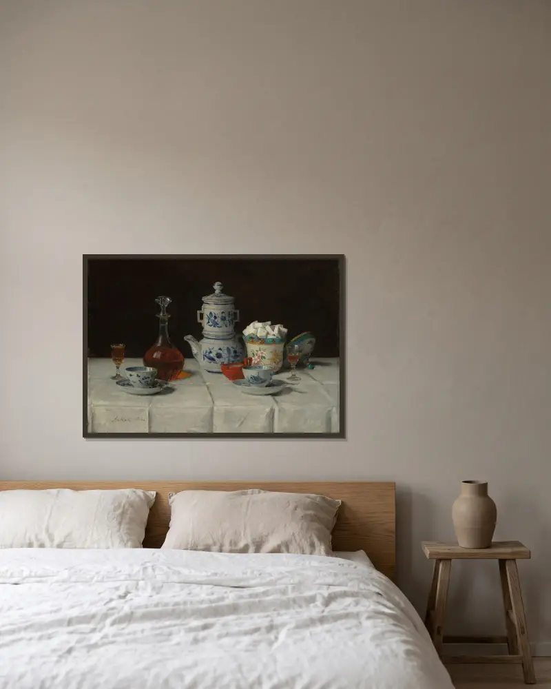 Stilleben med kaffedukning och konjaksflaska av Albert Anker inramad på en vägg