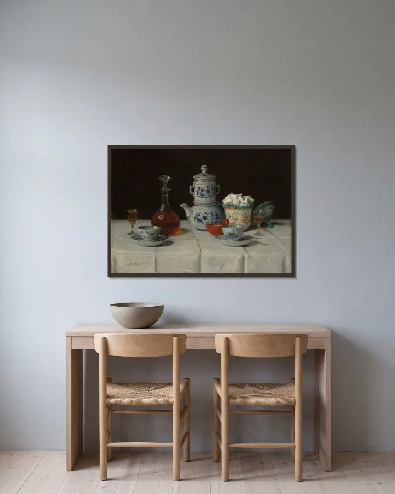 Stilleben med kaffedukning och konjaksflaska av Albert Anker inramad på en vägg