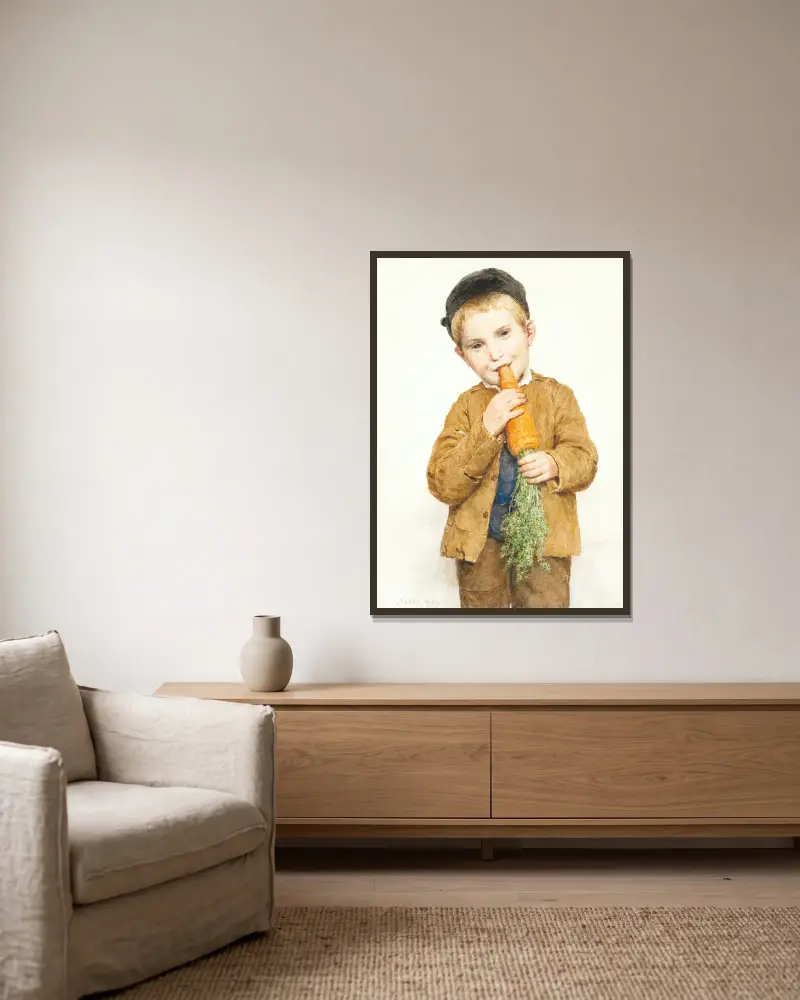 Der kleine Junge mit der großen Karotte von Albert Anker gerahmt an einer Wand
