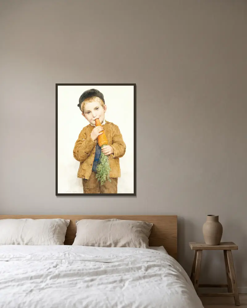 Der kleine Junge mit der großen Karotte von Albert Anker gerahmt an einer Wand