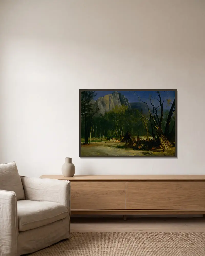 Indianer i rådslag, Kalifornien av Albert Bierstadt inramad på en vägg
