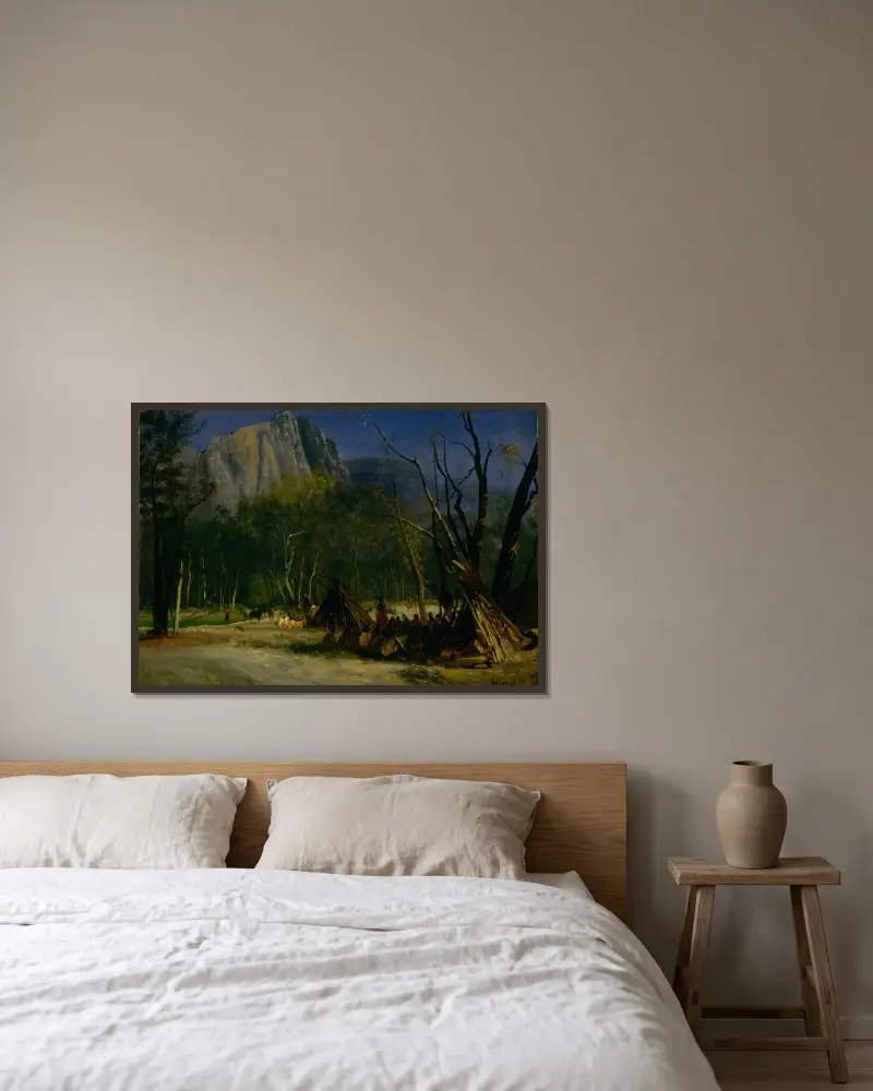 Indianer i rådslag, Kalifornien av Albert Bierstadt inramad på en vägg