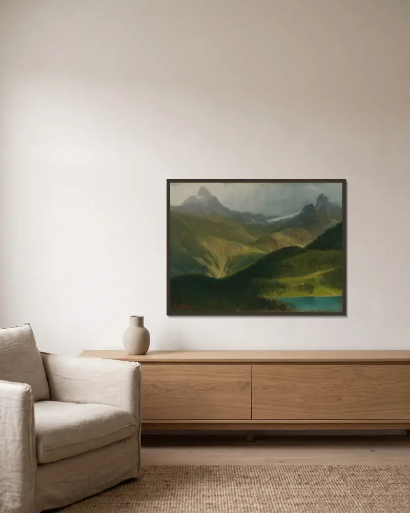 Berglandschaft von Albert Bierstadt gerahmt an einer Wand
