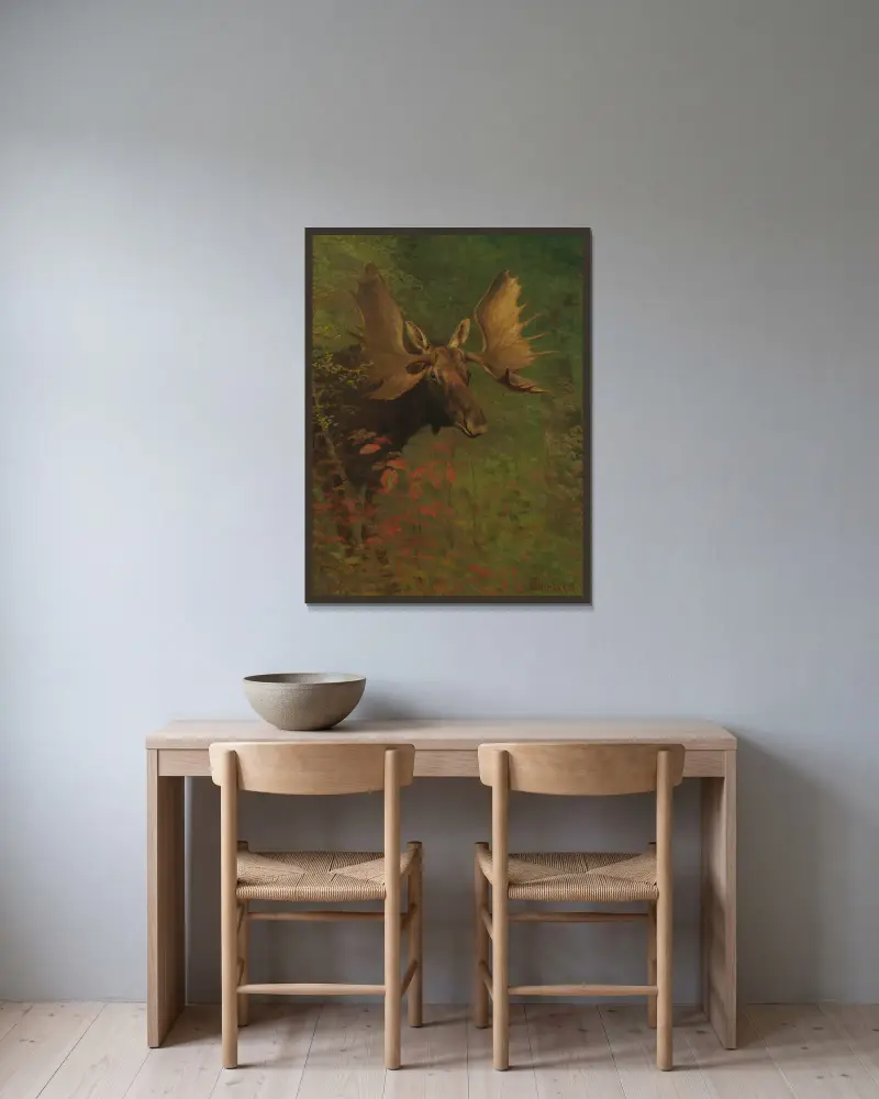 Study Of A Moose av Albert Bierstadt inramad på en vägg