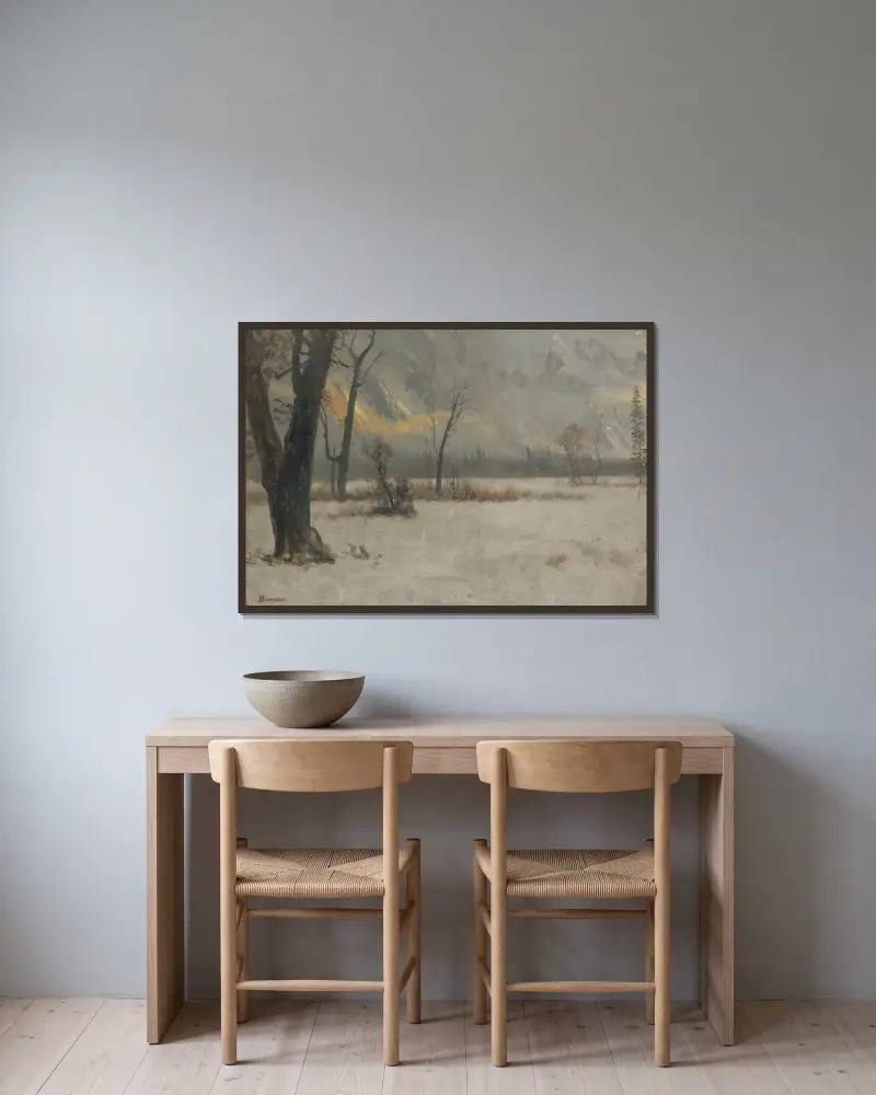 Winterlandschaft von Albert Bierstadt gerahmt an einer Wand