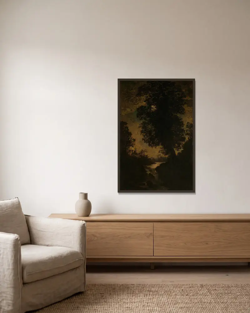 Ein Wasserfall im Mondschein von Ralph Albert Blakelock gerahmt an einer Wand