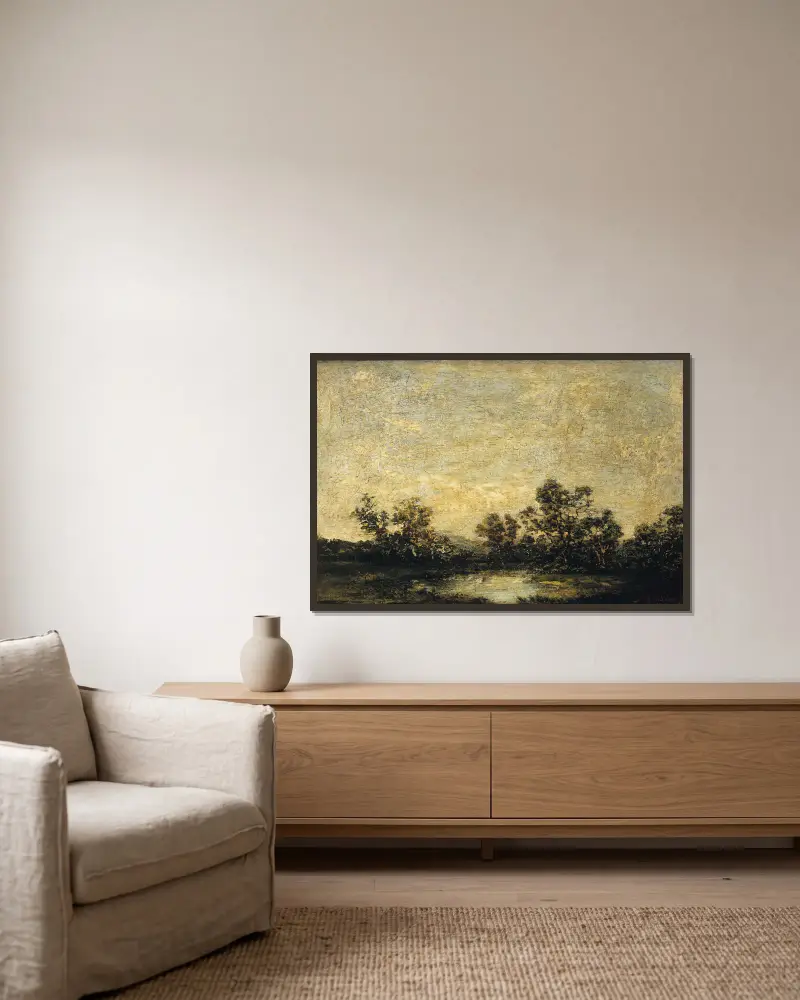 Landschaft, 1879 von Ralph Albert Blakelock gerahmt an einer Wand