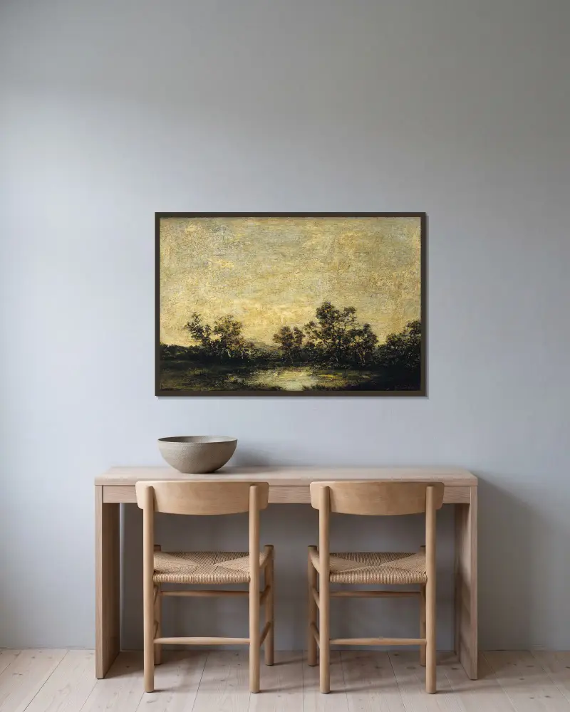 Landschaft, 1879 von Ralph Albert Blakelock gerahmt an einer Wand