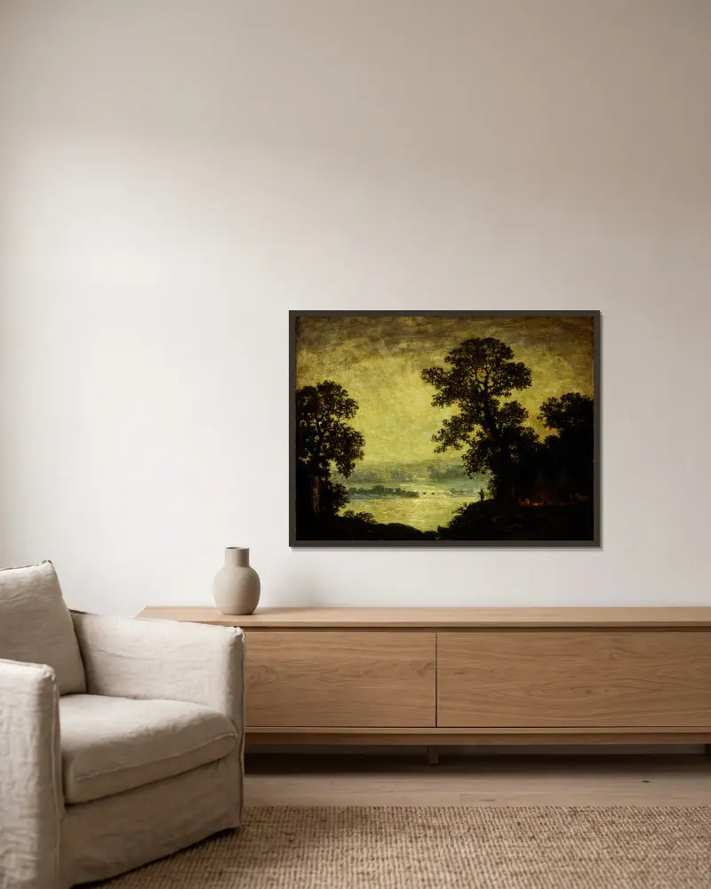Mondschein, Indianerlager von Ralph Albert Blakelock gerahmt an einer Wand