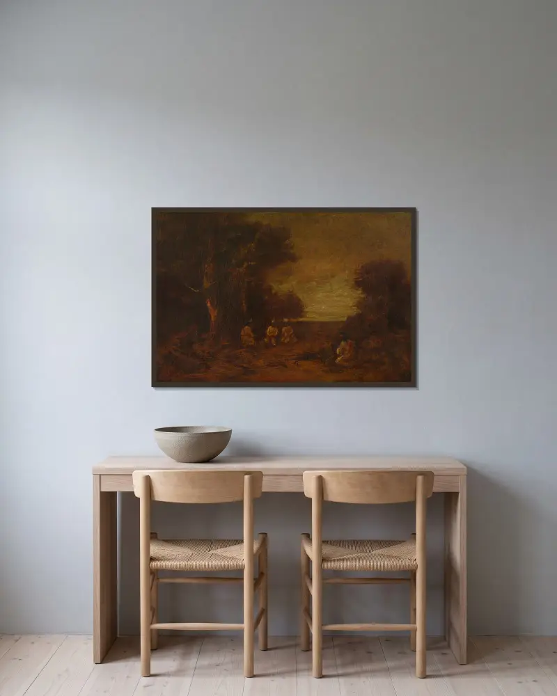 Mondlandschaft mit Indianern von Ralph Albert Blakelock gerahmt an einer Wand