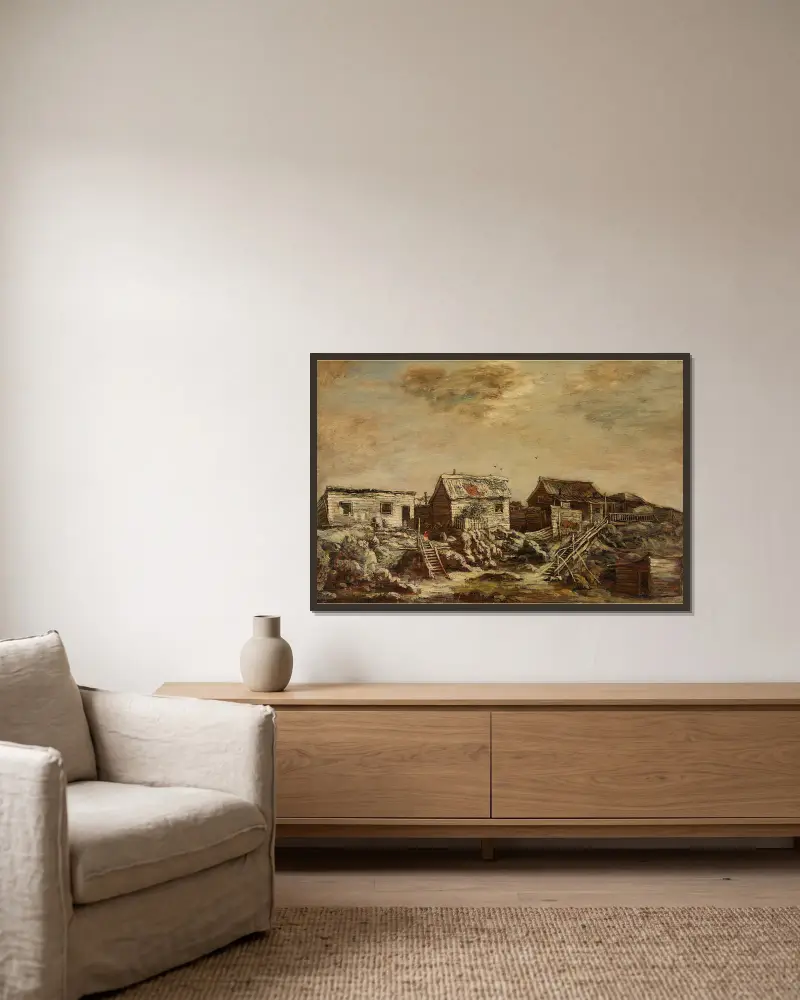Kåkar, Seventh Avenue och Fifty-Fifth Street av Ralph Albert Blakelock inramad på en vägg