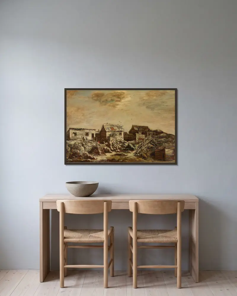 Kåkar, Seventh Avenue och Fifty-Fifth Street av Ralph Albert Blakelock inramad på en vägg