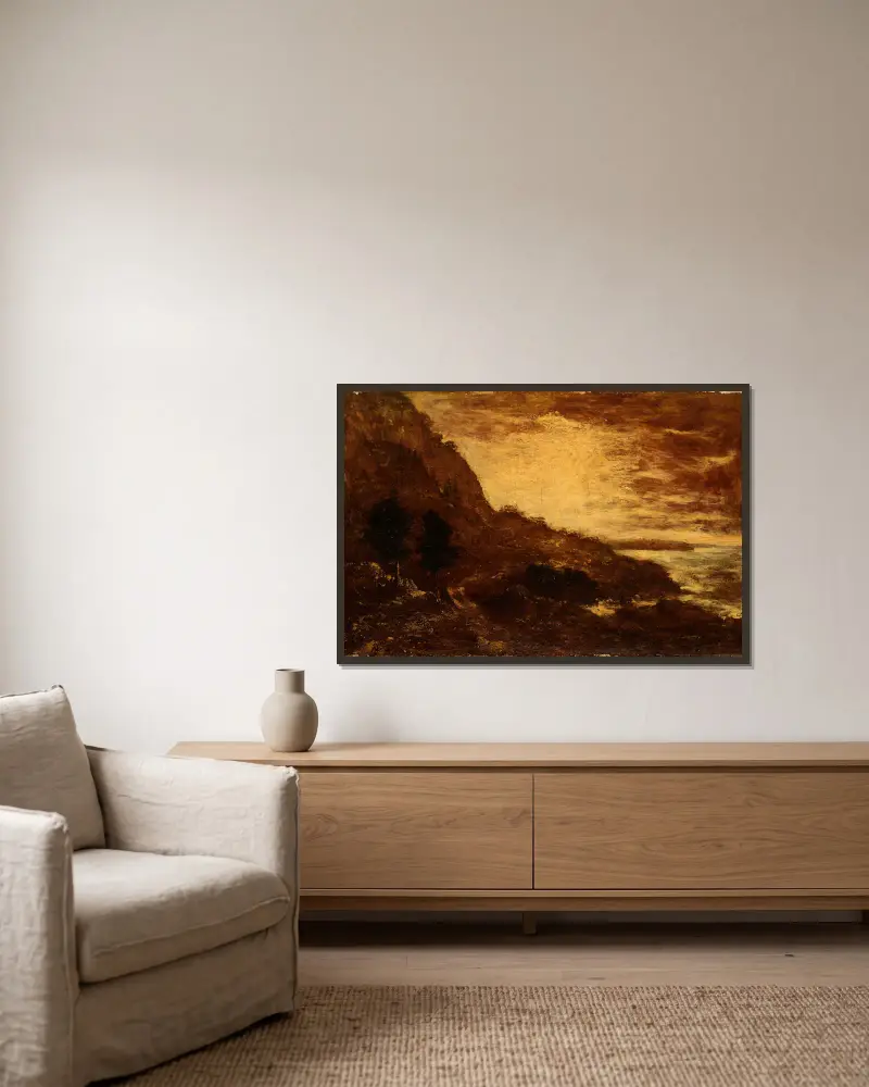 Solnedgång, Navarro Ridge, Kaliforniens kust av Ralph Albert Blakelock inramad på en vägg