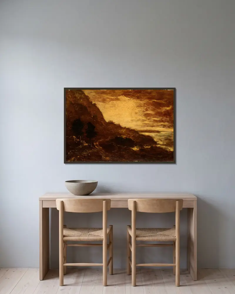 Solnedgång, Navarro Ridge, Kaliforniens kust av Ralph Albert Blakelock inramad på en vägg