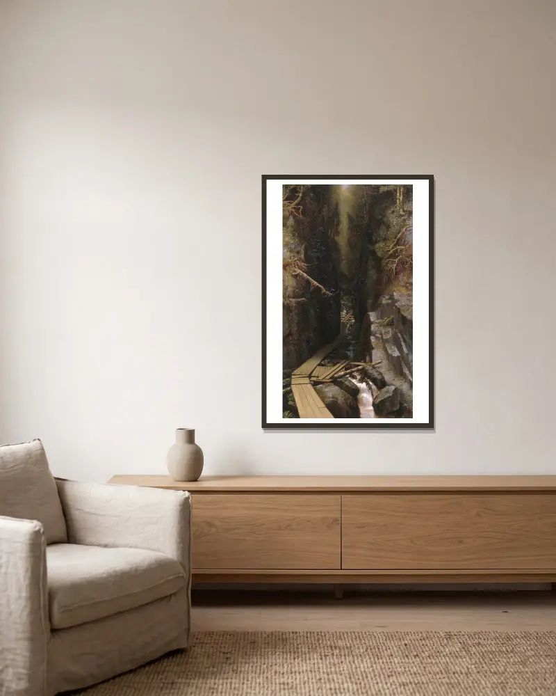 Der Findling und die Schlucht von Ralph Albert Blakelock gerahmt an einer Wand