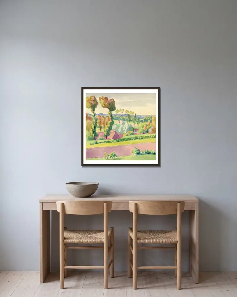 Landschap in aquarel – nr 1 av Albert Daenens inramad på en vägg