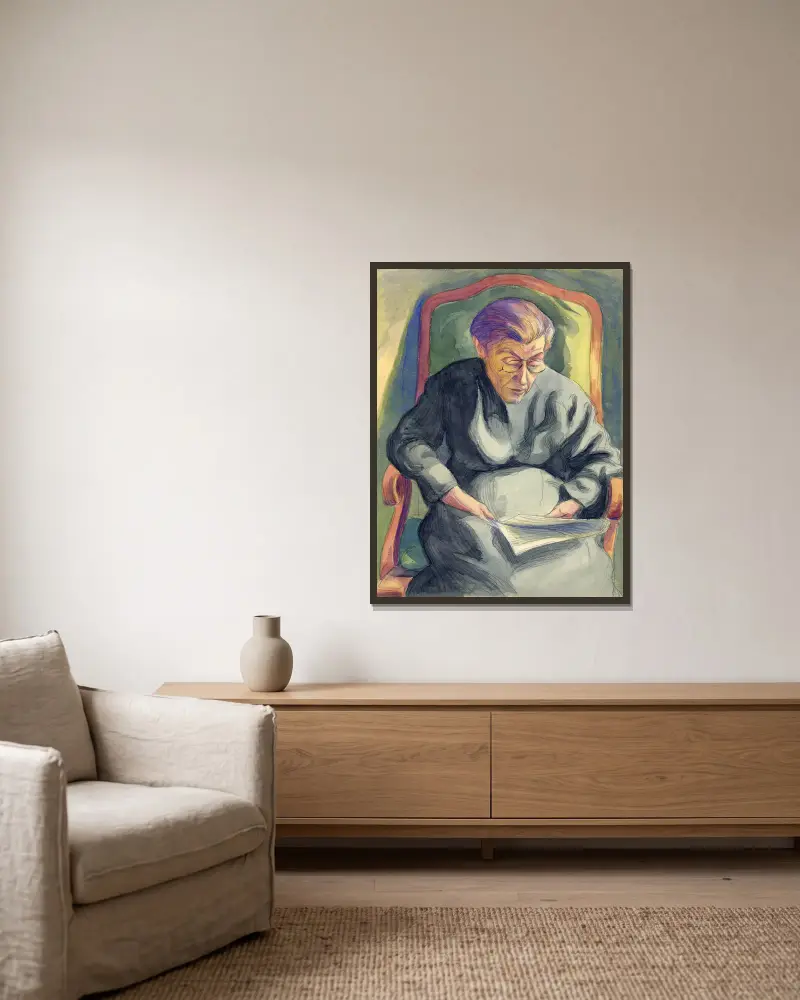 Ältere Dame, in ihrem Stuhl lesend von Albert Daenens gerahmt an einer Wand