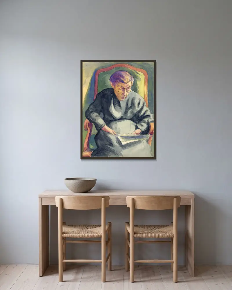 Ältere Dame, in ihrem Stuhl lesend von Albert Daenens gerahmt an einer Wand