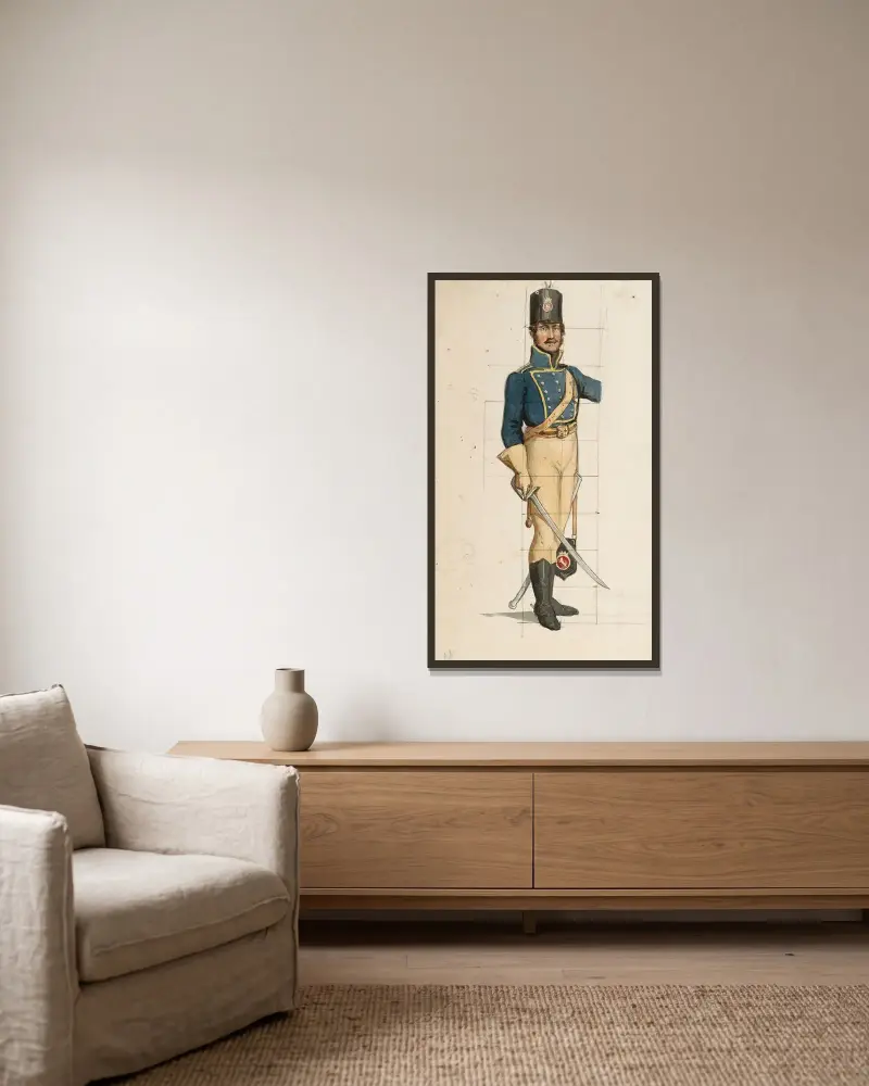 A soldier in a Finnish wartime uniform, Albert Edelfelt v rámu na stěně