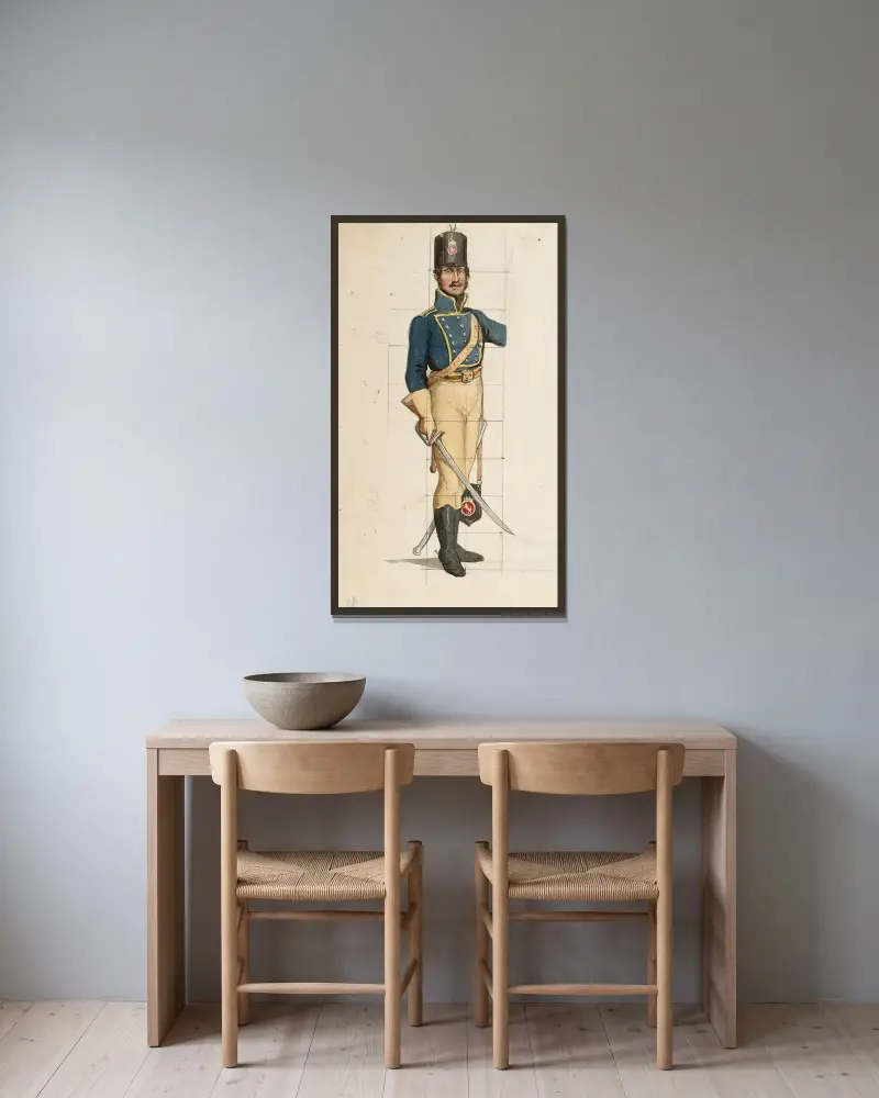 A soldier in a Finnish wartime uniform, Albert Edelfelt v rámu na stěně