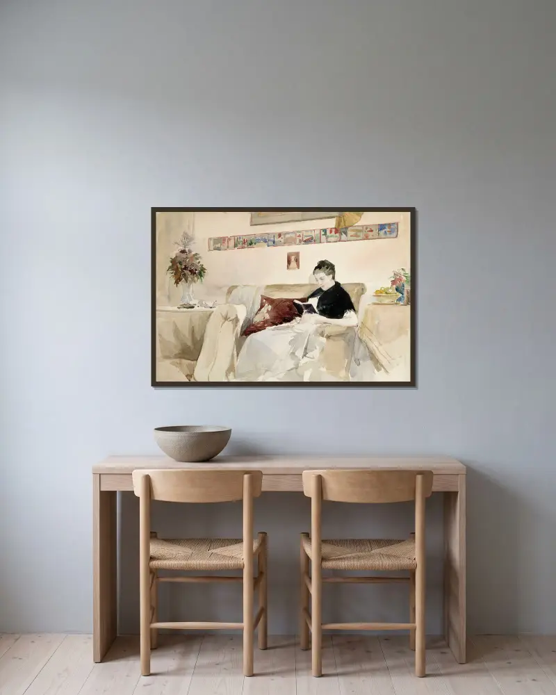 Artist’s Wife Reading On The Sofa av Albert Edelfelt inramad på en vägg
